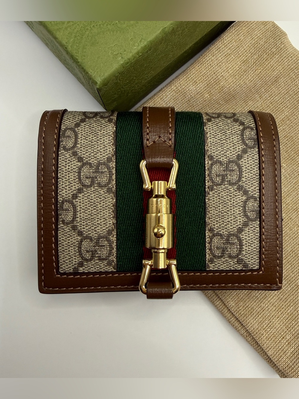 NEW Gucci Brown GG Canvas Wallet with Green and Red Web and Gold Hardware Jackie